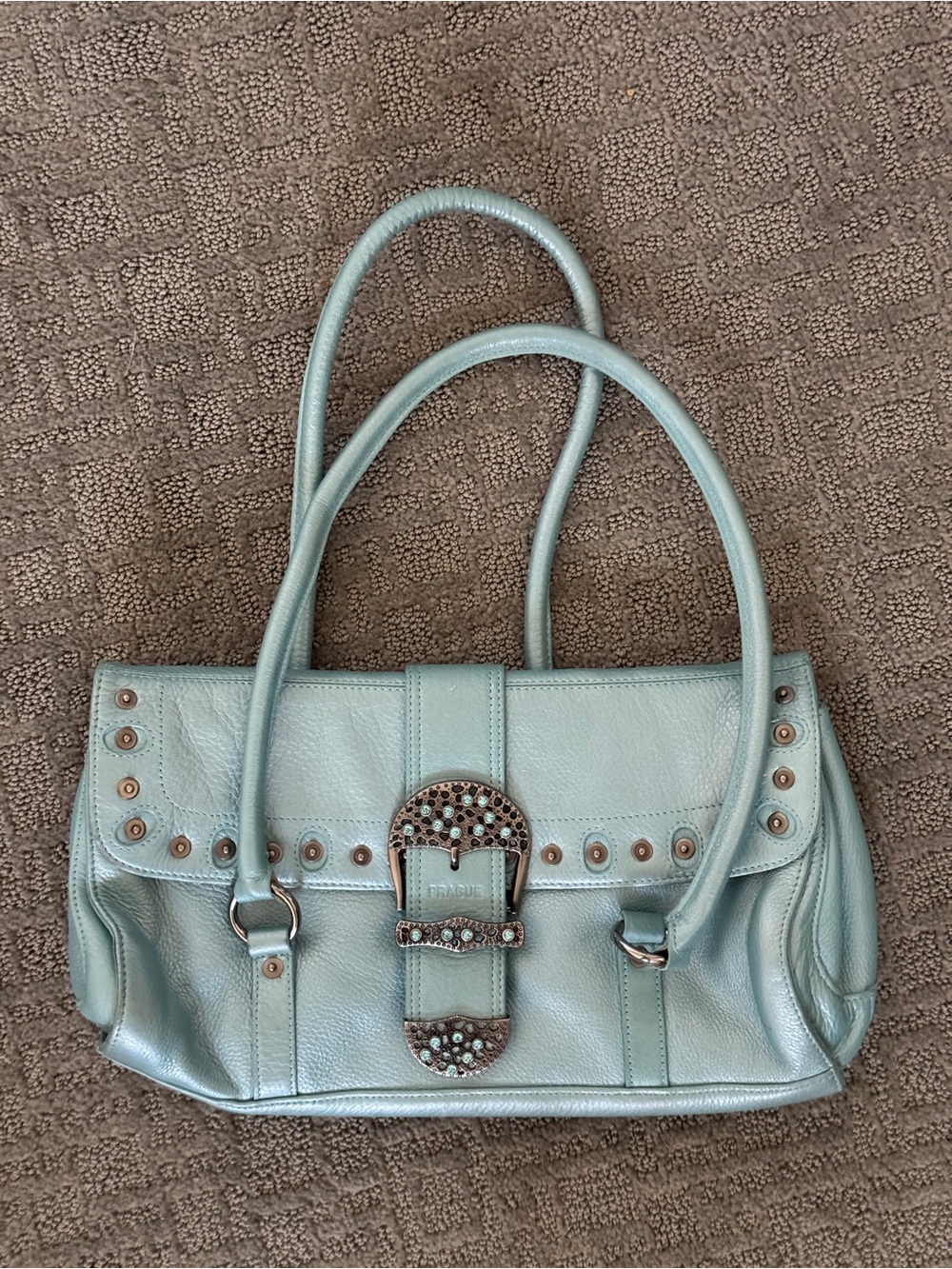 Y2K light blue leather handbag with rhinestones and studs